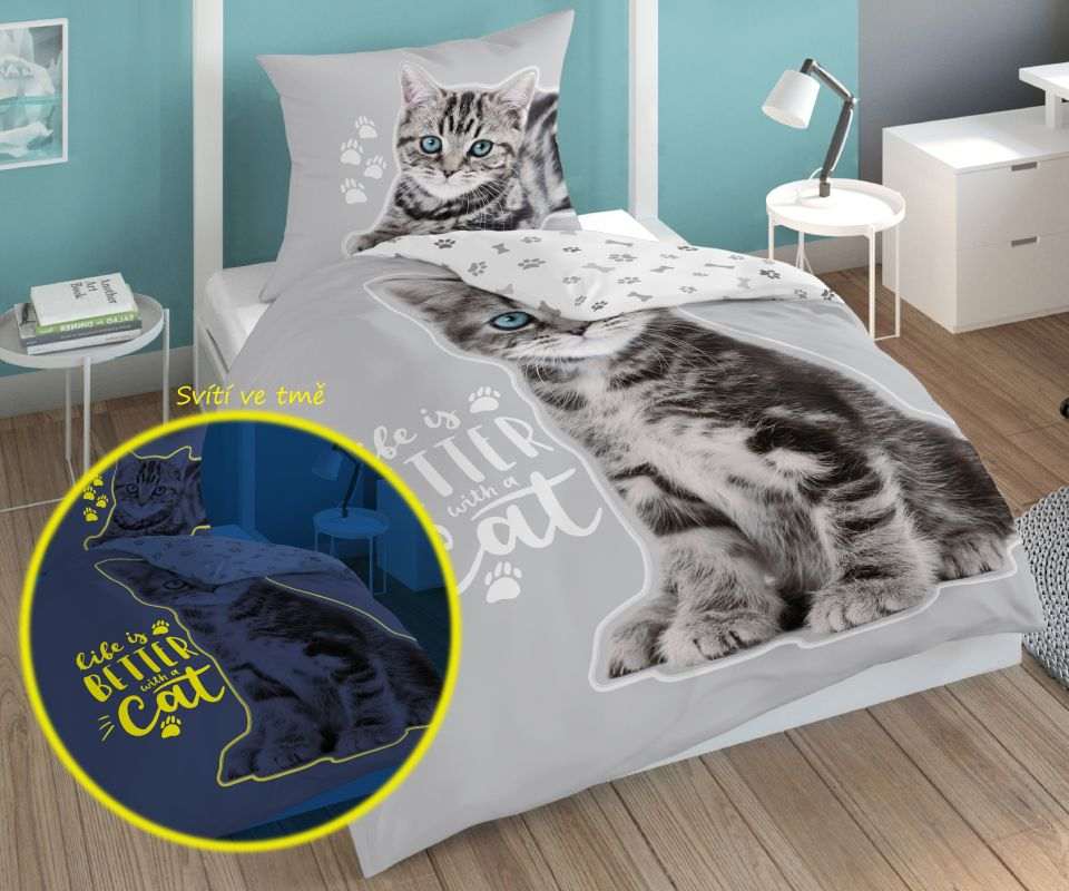 Svietiace obliečky Mačiatko grey 