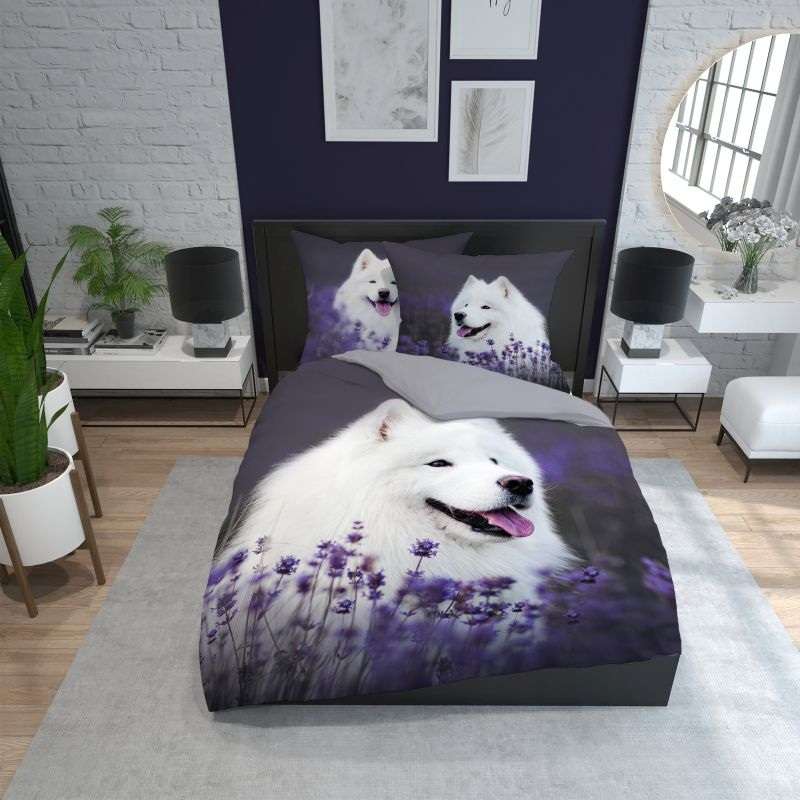 Francúzske obliečky biely pes Samojed v Levanduli 220/200 cm